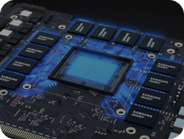 Graphics card with a central processing chip surrounded by Samsung GDDR7 memory modules