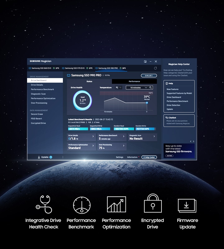 990 PRO with Heatsink's performance is optimized by Samsung Magician software's user-friendly suite of optimization tools.